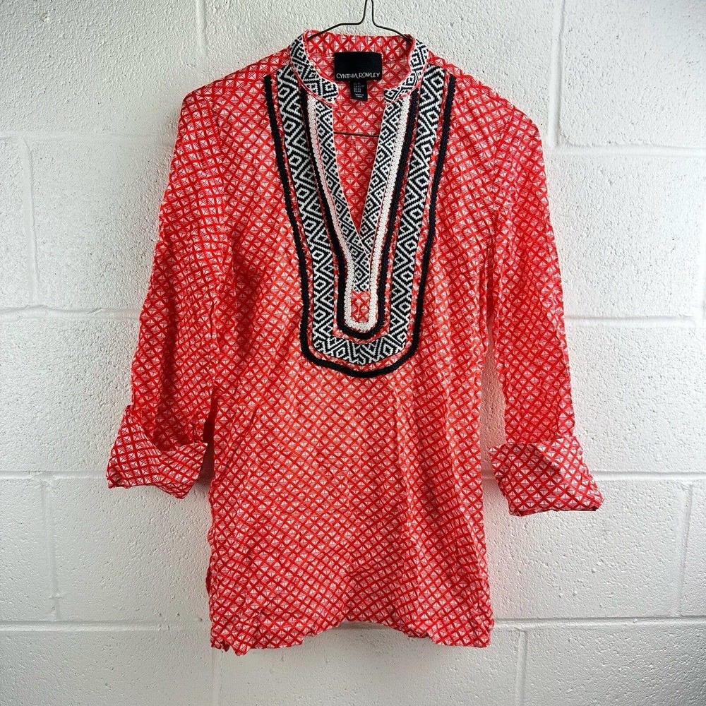 Cynthia Rowley Women's Dalia Embroidered Tunic Sz XS Long Sleeve V-Neck Blouse